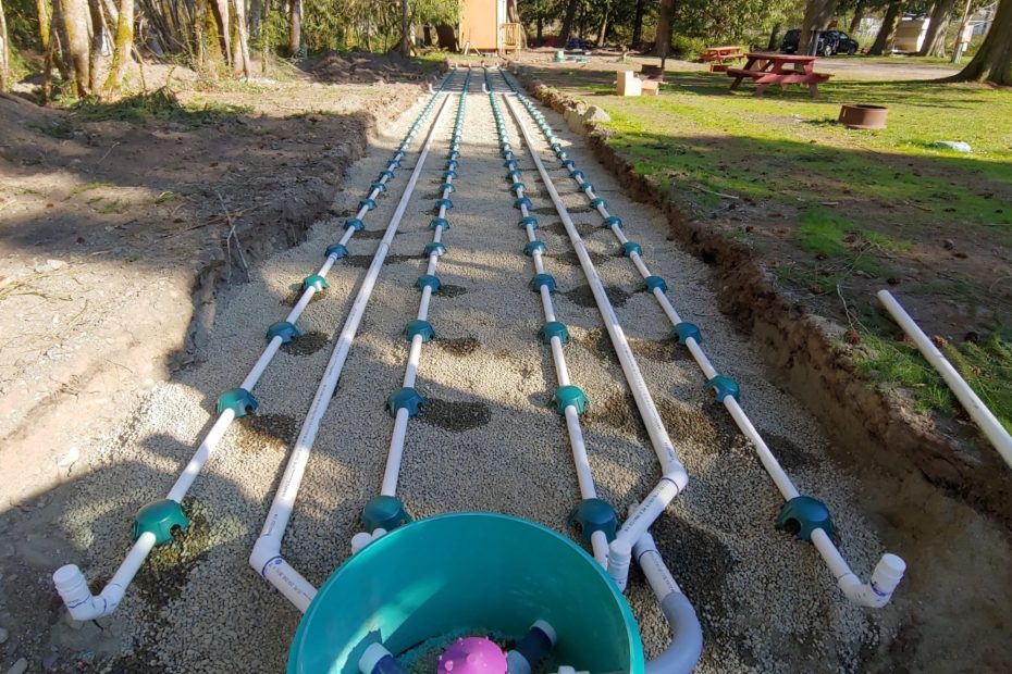 Custom commercial build, pressure distribution septic field with 2 zones and zone control at Saratoga Beach RV Park